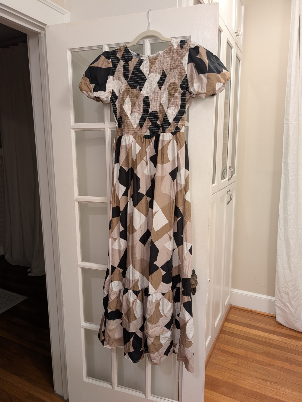 Peach Love California Beige Black Taupe Geometric Puff-Sleeve Maxi Dress